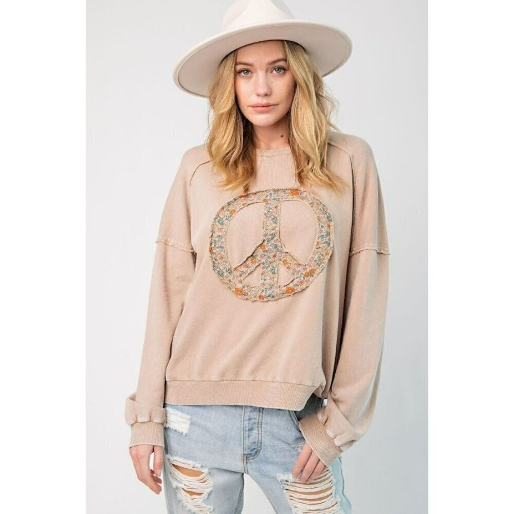 Peace Out French Terry Pullover in Mushroom